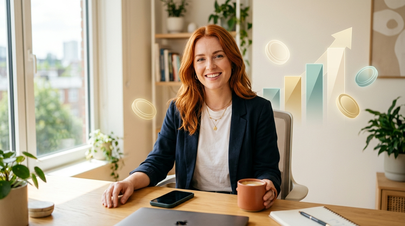 A young woman reviewing her savings and budgeting on her phone at a desk