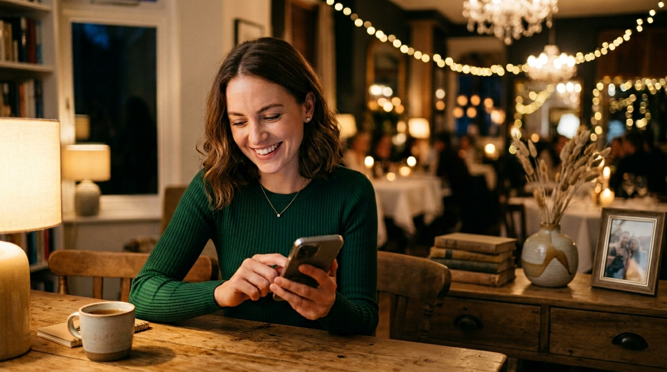 A young woman booking a restaurant table on her phone