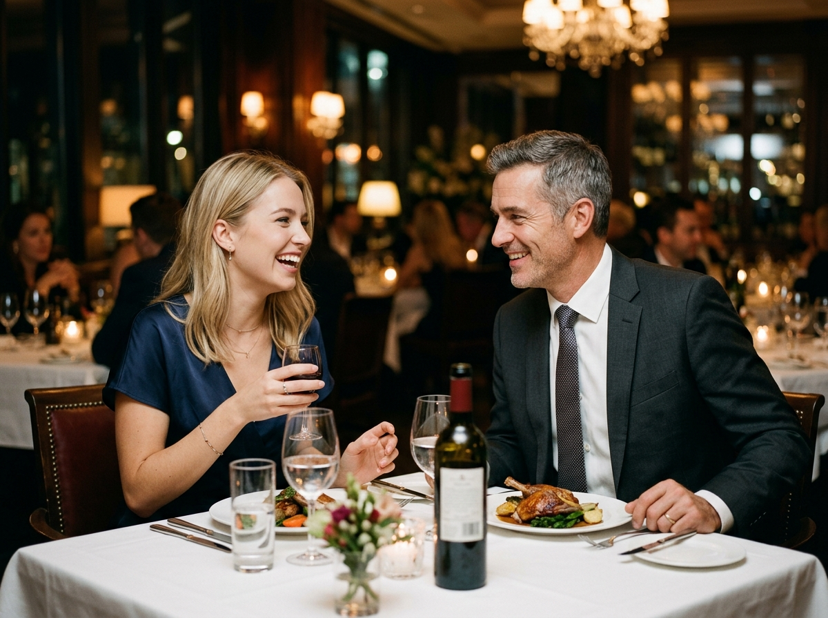 A young woman in genuine warm conversation with a man over dinner