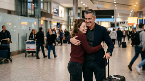 Local sugar daddies vs. Distance relationships: pros and cons A young woman joyfully embracing an older man in a busy airport terminal
