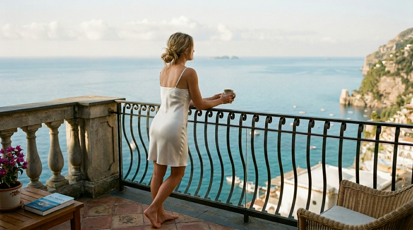 A woman enjoying a quiet coffee on a hotel balcony with a sea view