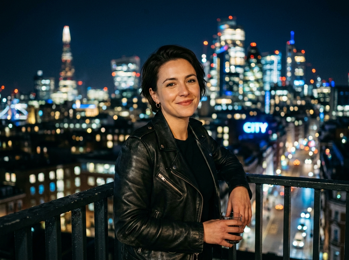 A confident young woman against the night-time skyline of the City of London