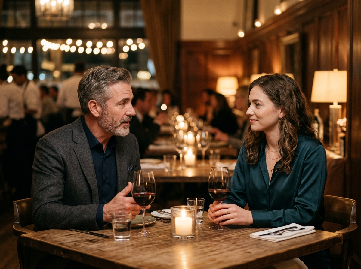 Young woman listening calmly to a man across a table