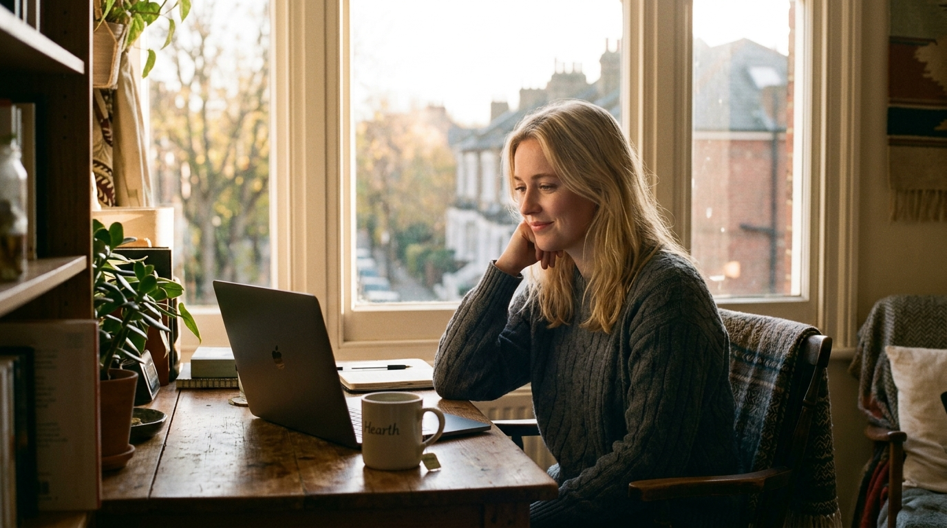 A young woman on a video call by a window, staying in touch between visits