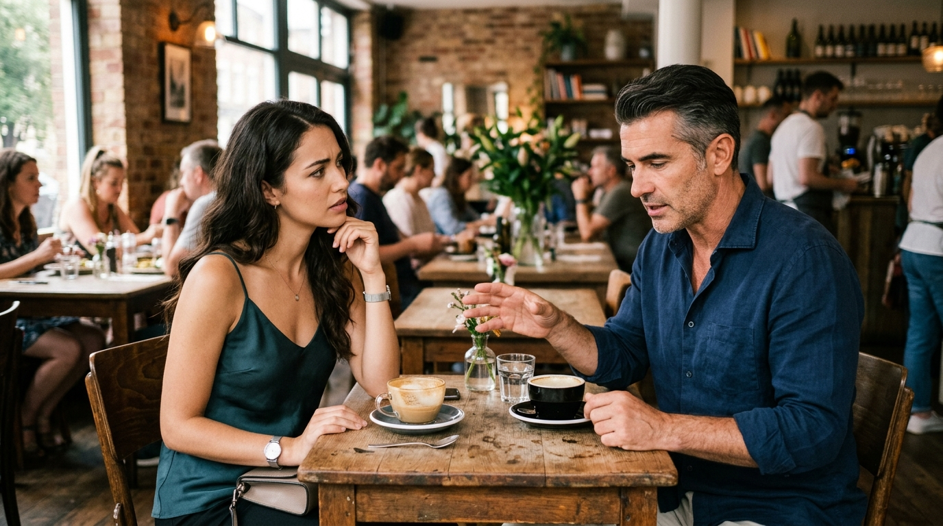 A young woman looking puzzled on a date as a man stays vague