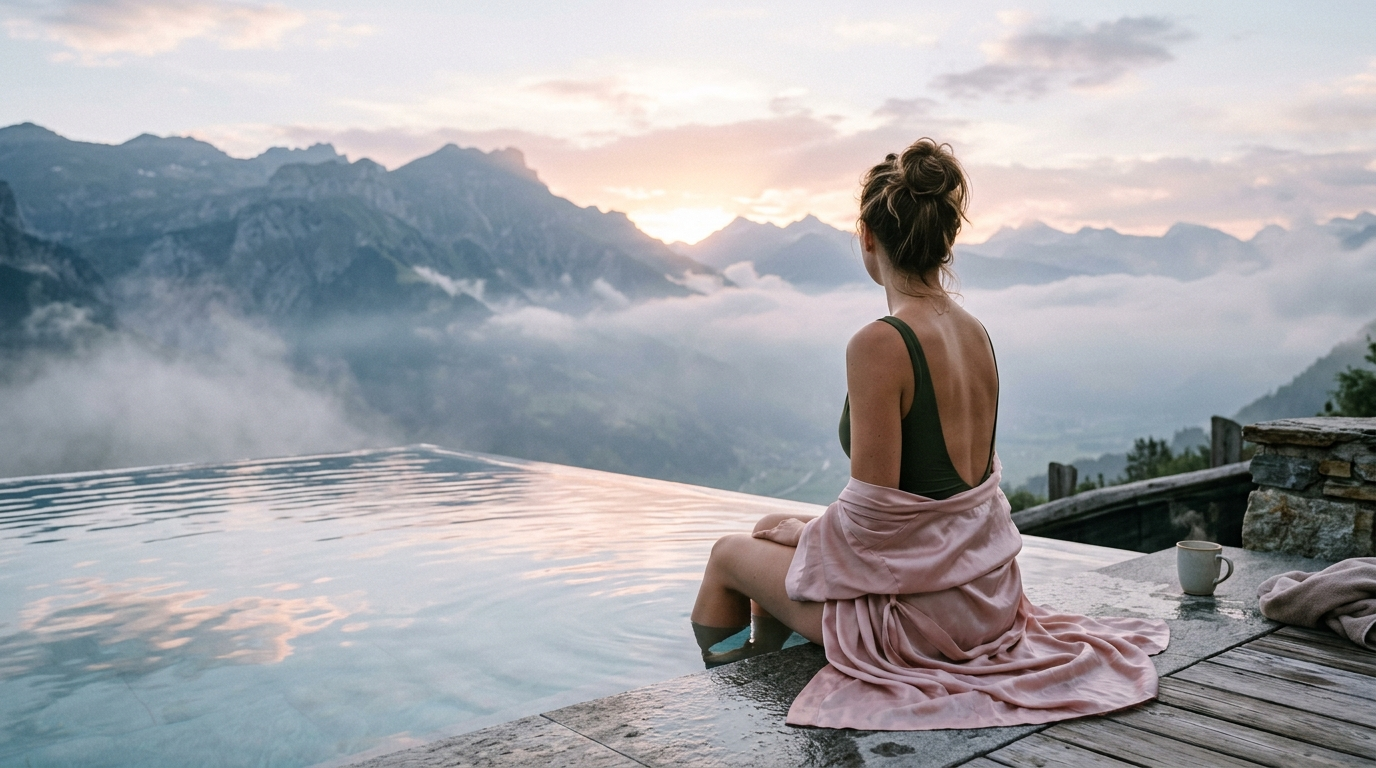 A young woman relaxing at the edge of an infinity pool at a mountain spa at dawn