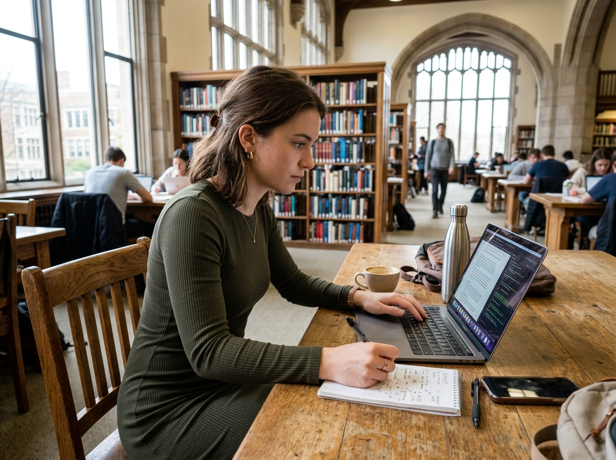 A young woman studying with a laptop in a university library
