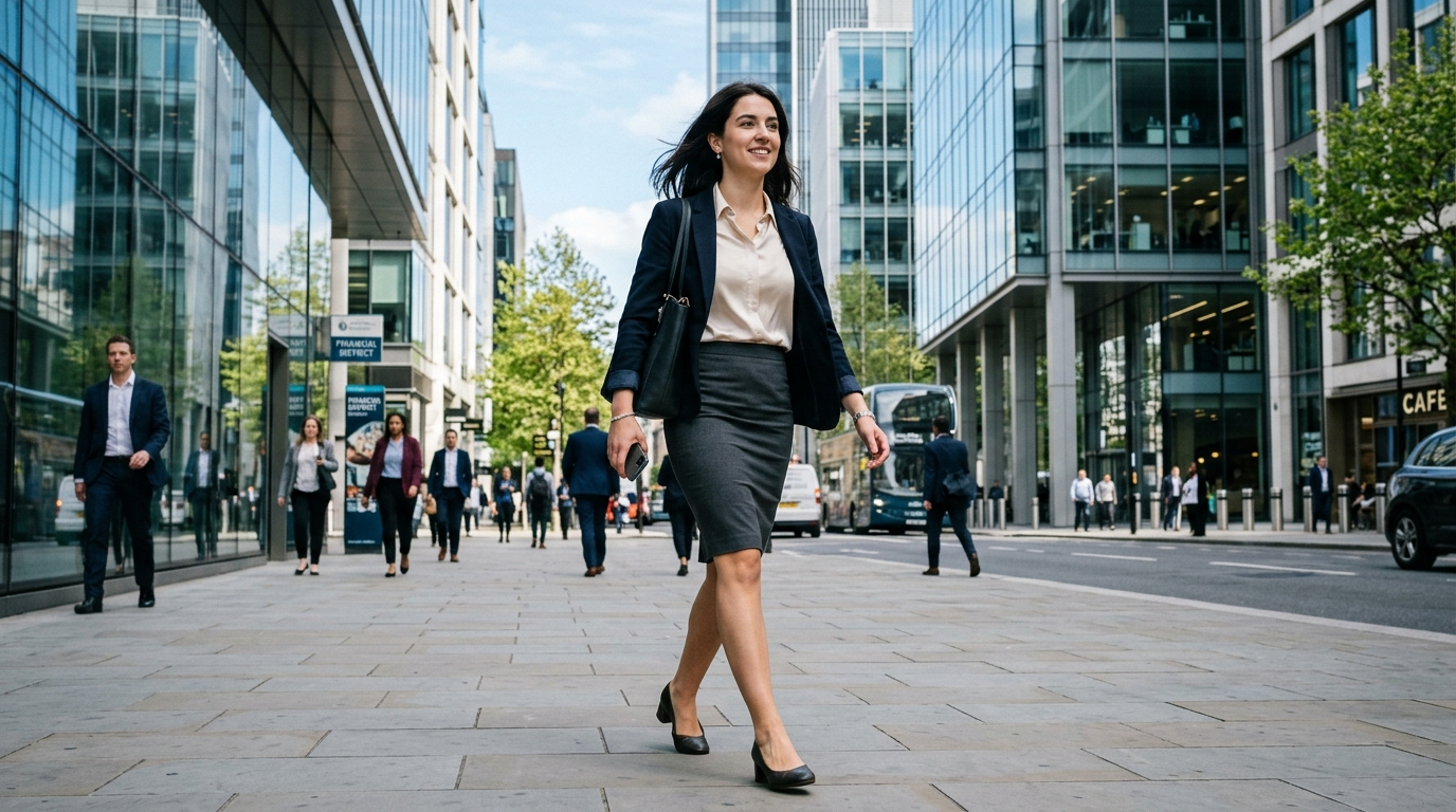 A confident young woman in business casual style in a modern business district