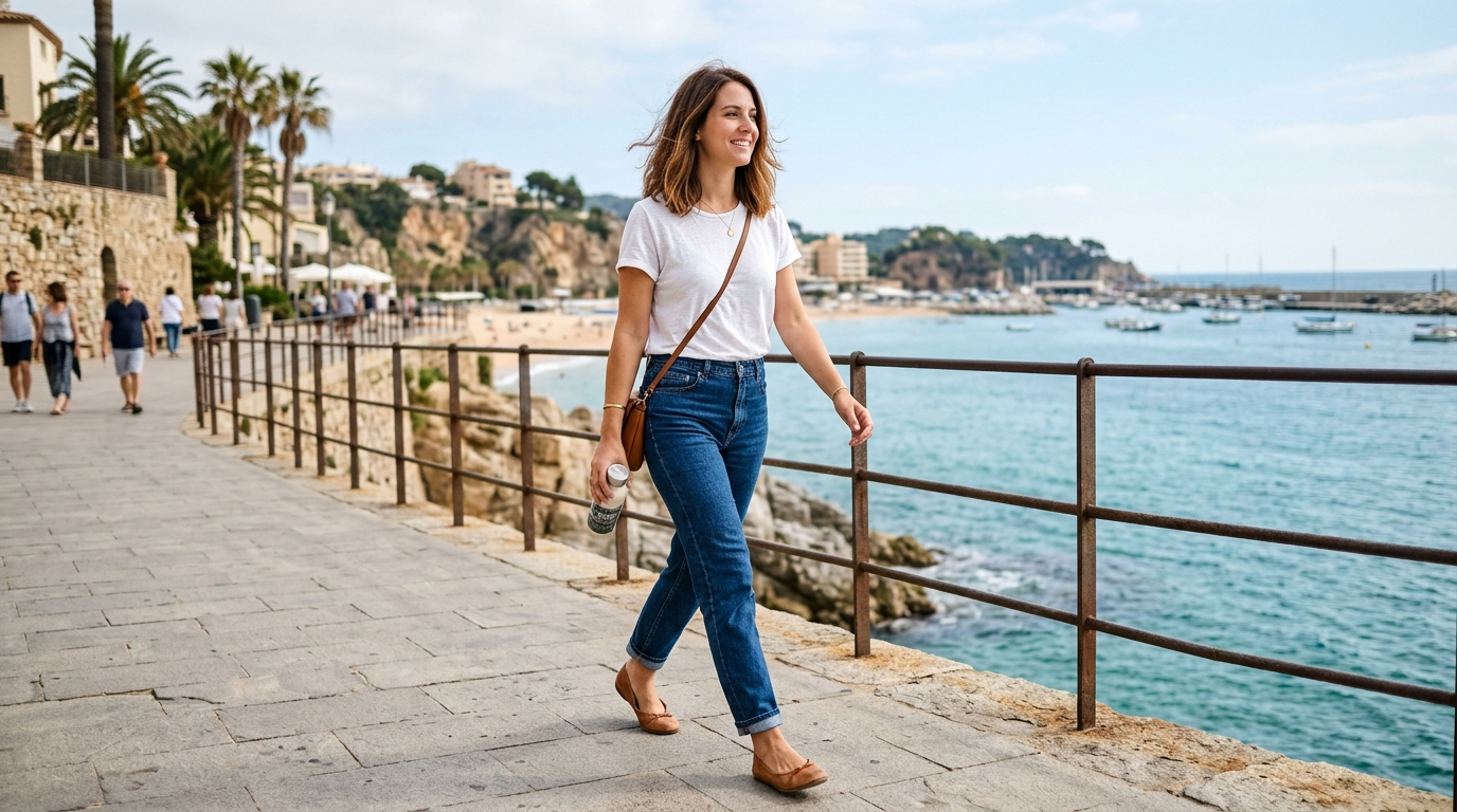 A young woman in relaxed casual style walking along a coastal promenade
