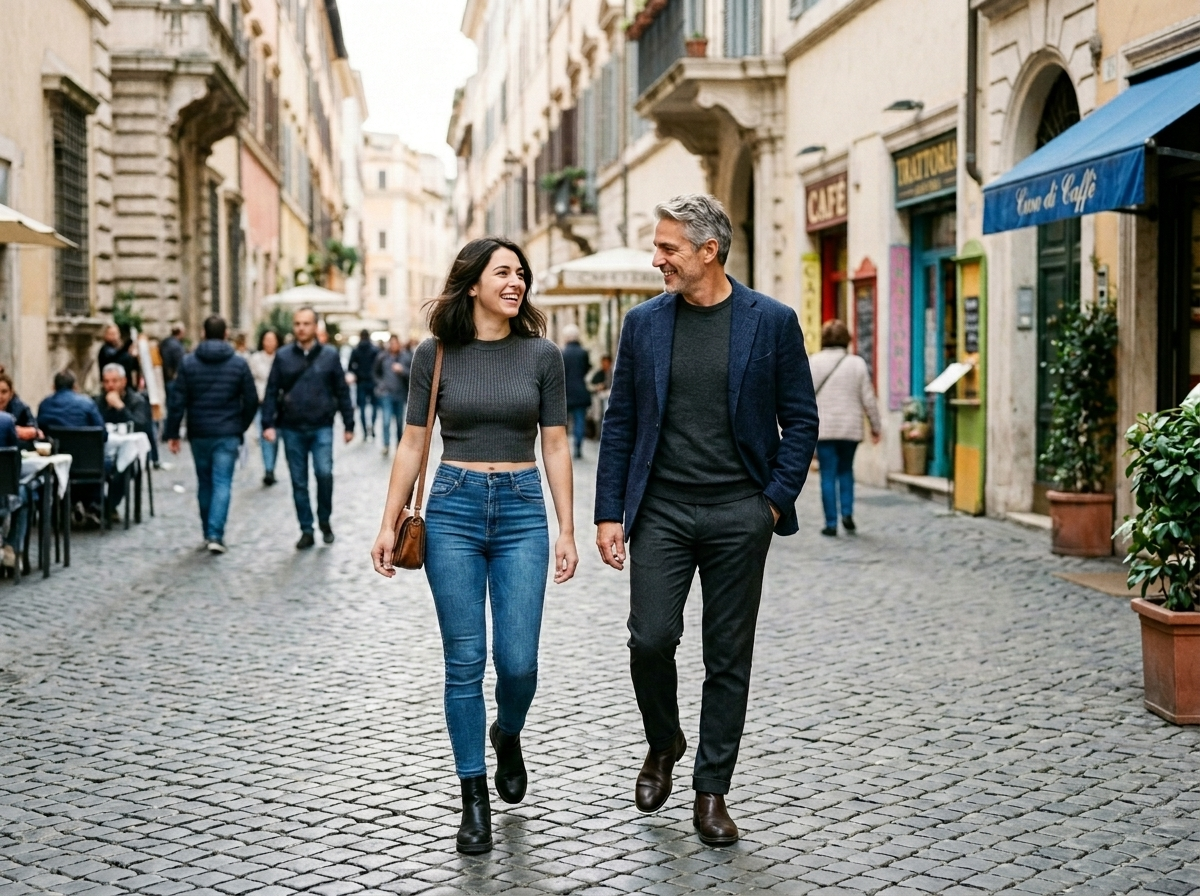 A confident young woman and an elegant older man walking together in the city