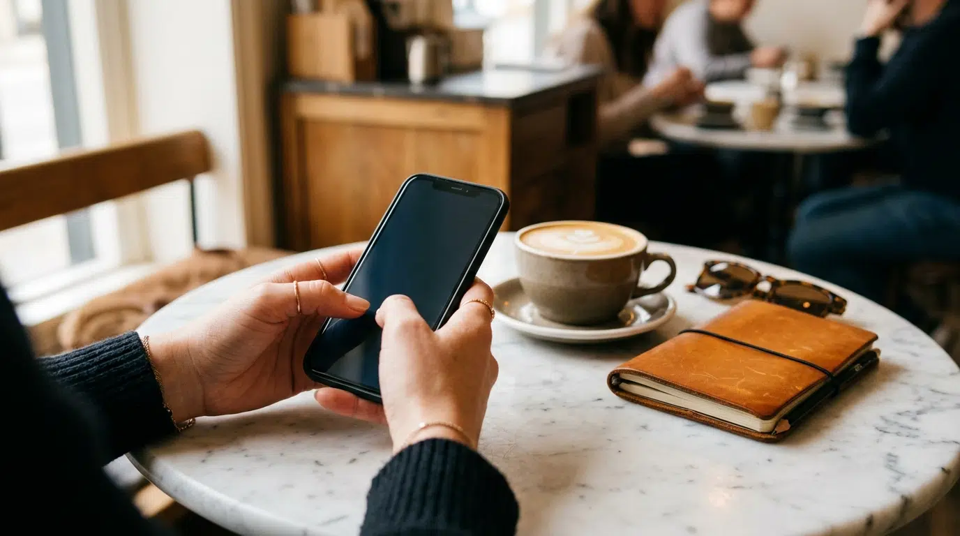 Close-up of hands typing a message on a smartphone at an elegant café table