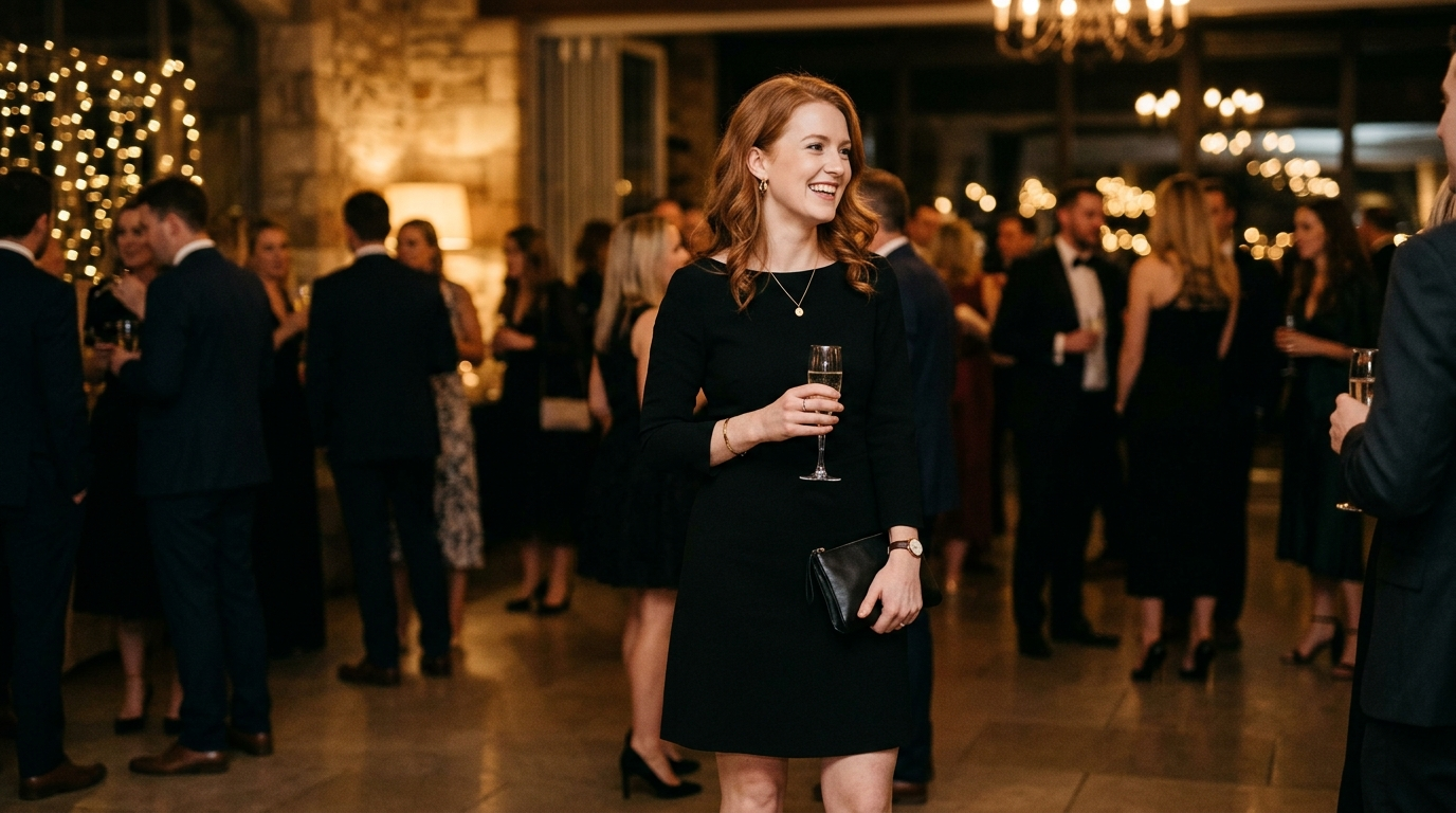An elegant young woman in a little black cocktail dress at an evening event