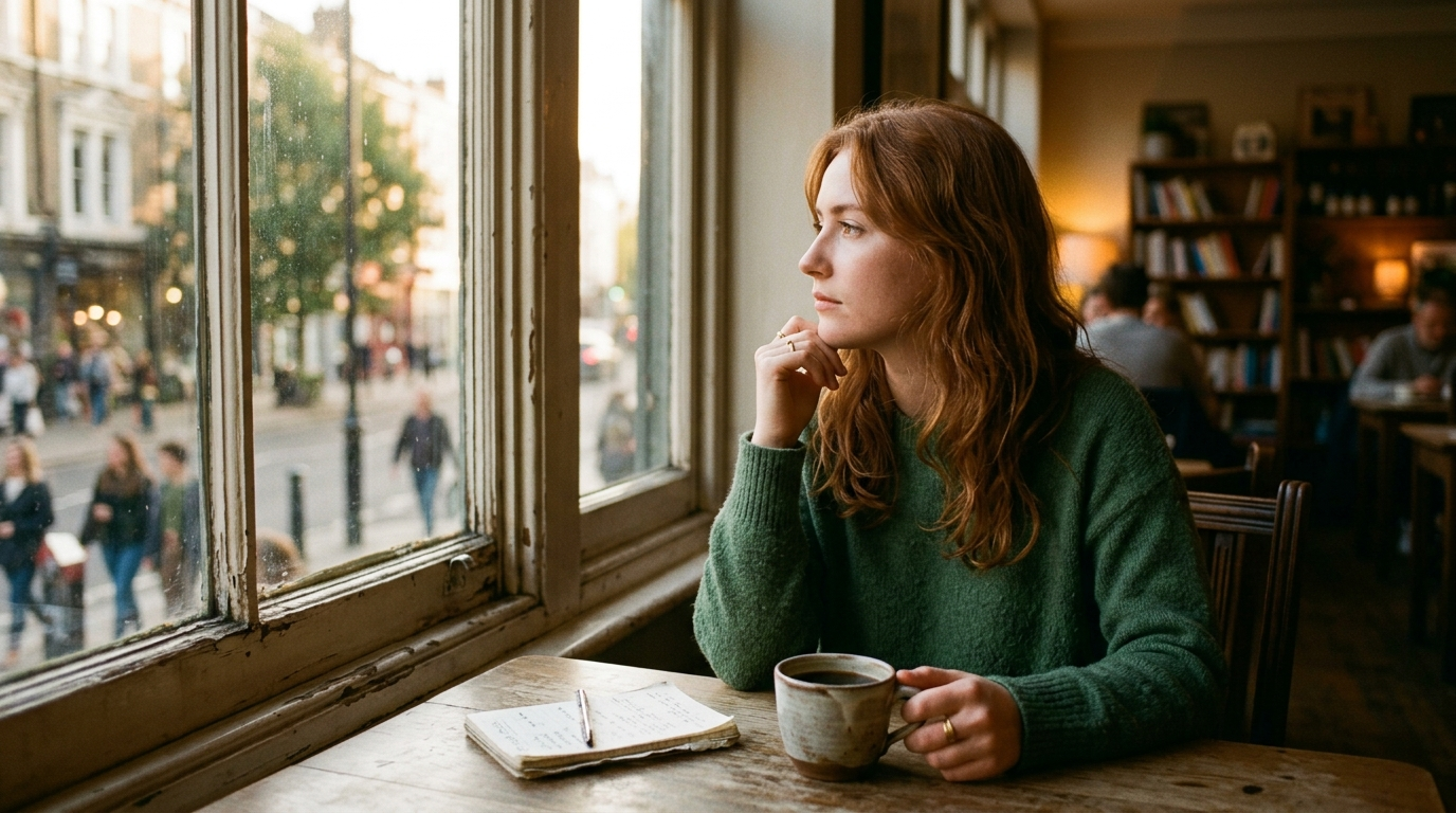 A thoughtful young woman sitting by a window, reflecting