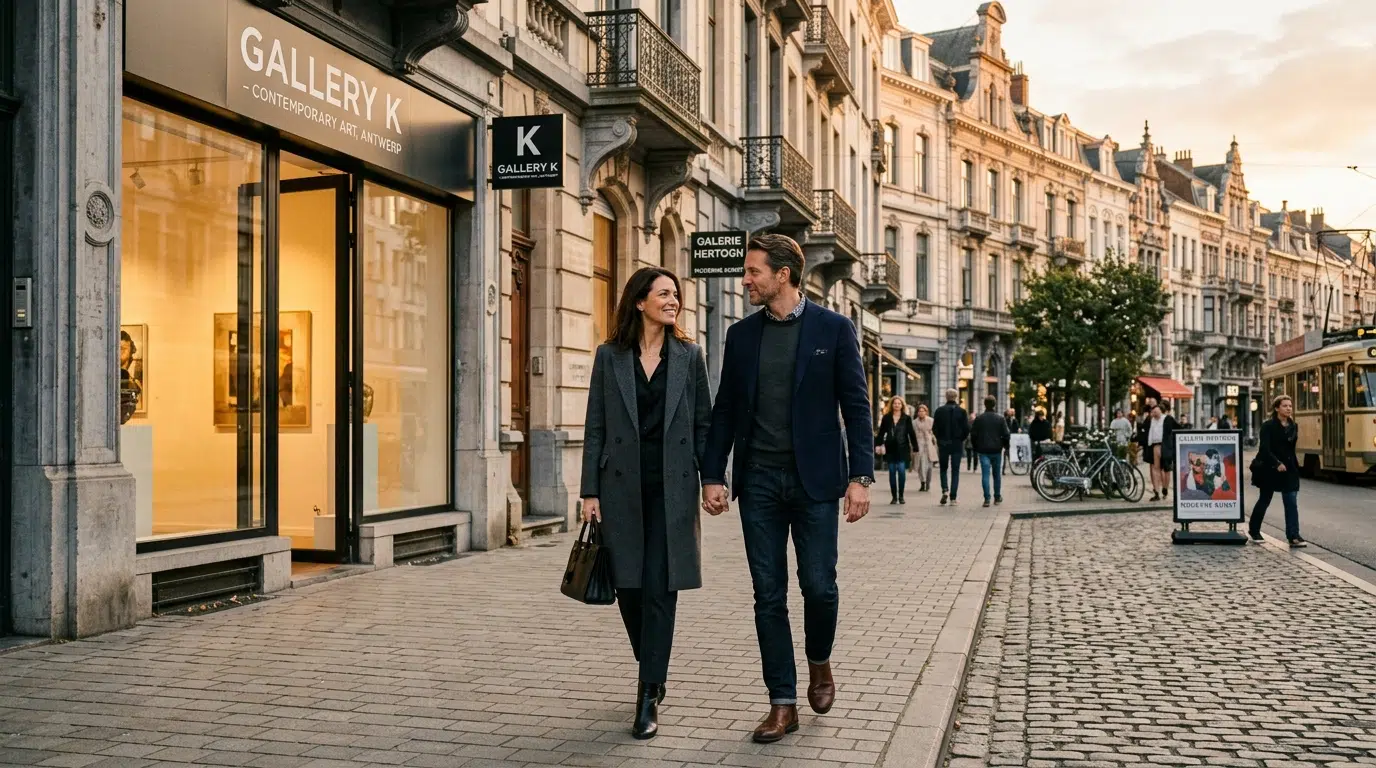 A couple walking past galleries in Antwerp's fashionable Zuid district