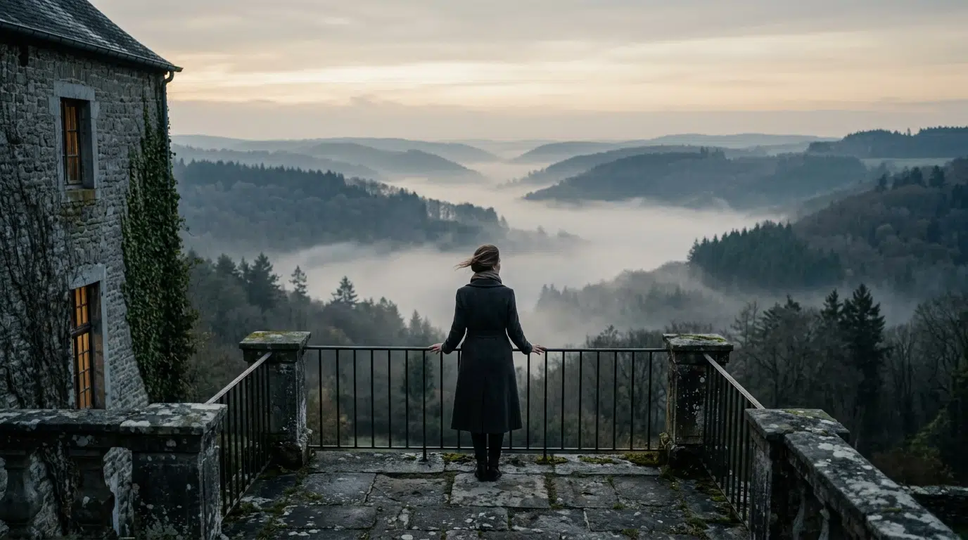 A lone figure looking out over the misty forested hills of the Belgian Ardennes at dawn