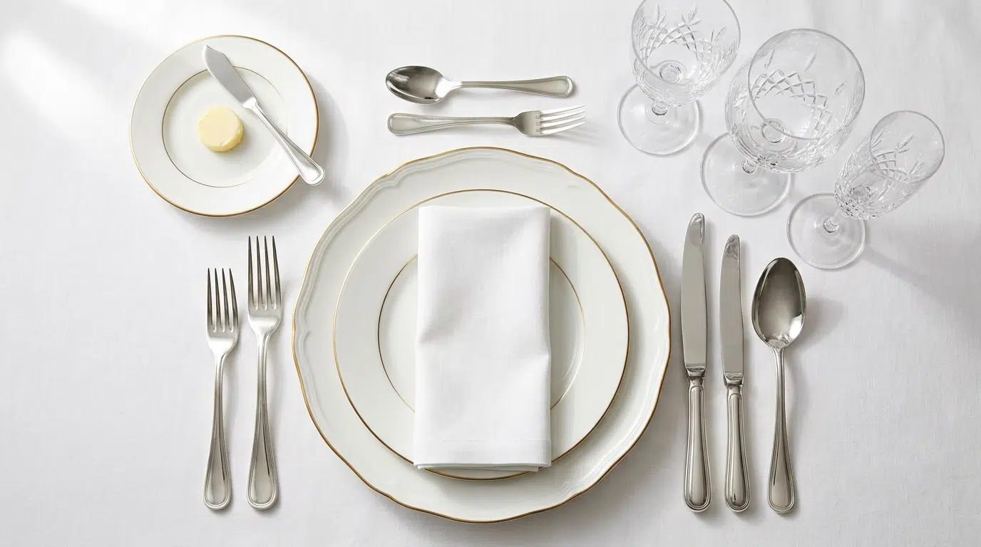 An overhead view of a complete formal place setting with cutlery and crystal glasses