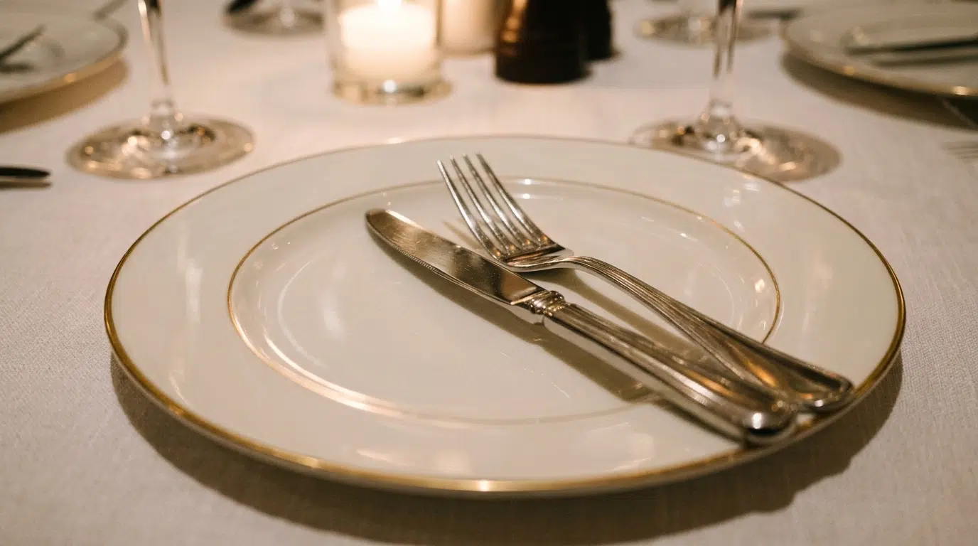 A knife and fork laid side by side on a plate, the signal that a diner has finished