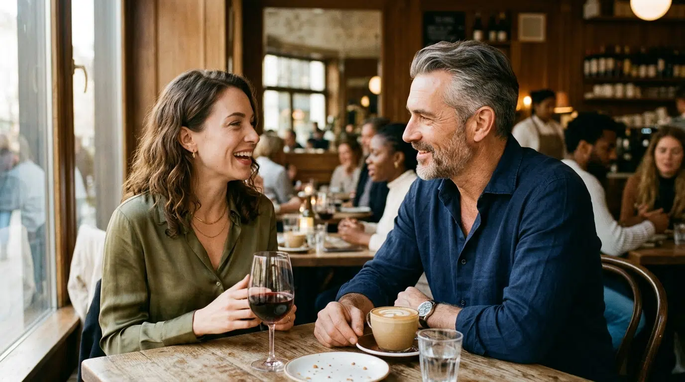 A man genuinely listening to his date in a warm conversation
