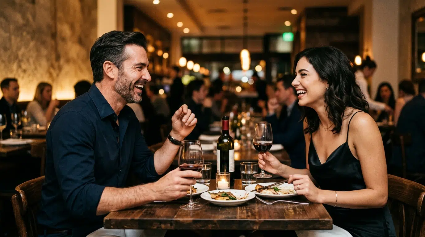 A man and a younger woman in easy conversation over dinner, enjoying each other's company