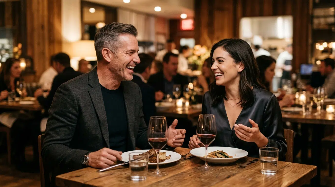 An older man and a younger woman enjoying a warm, friendly dinner as companions