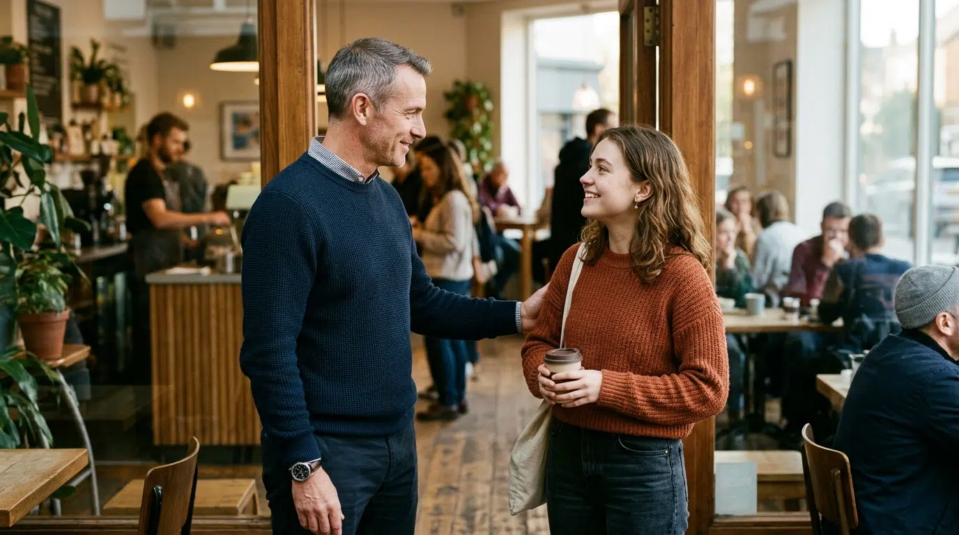 Two people parting warmly and amicably after a date
