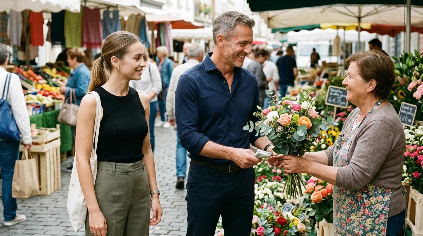 A man warmly buying flowers from a market vendor, treating them with genuine kindness