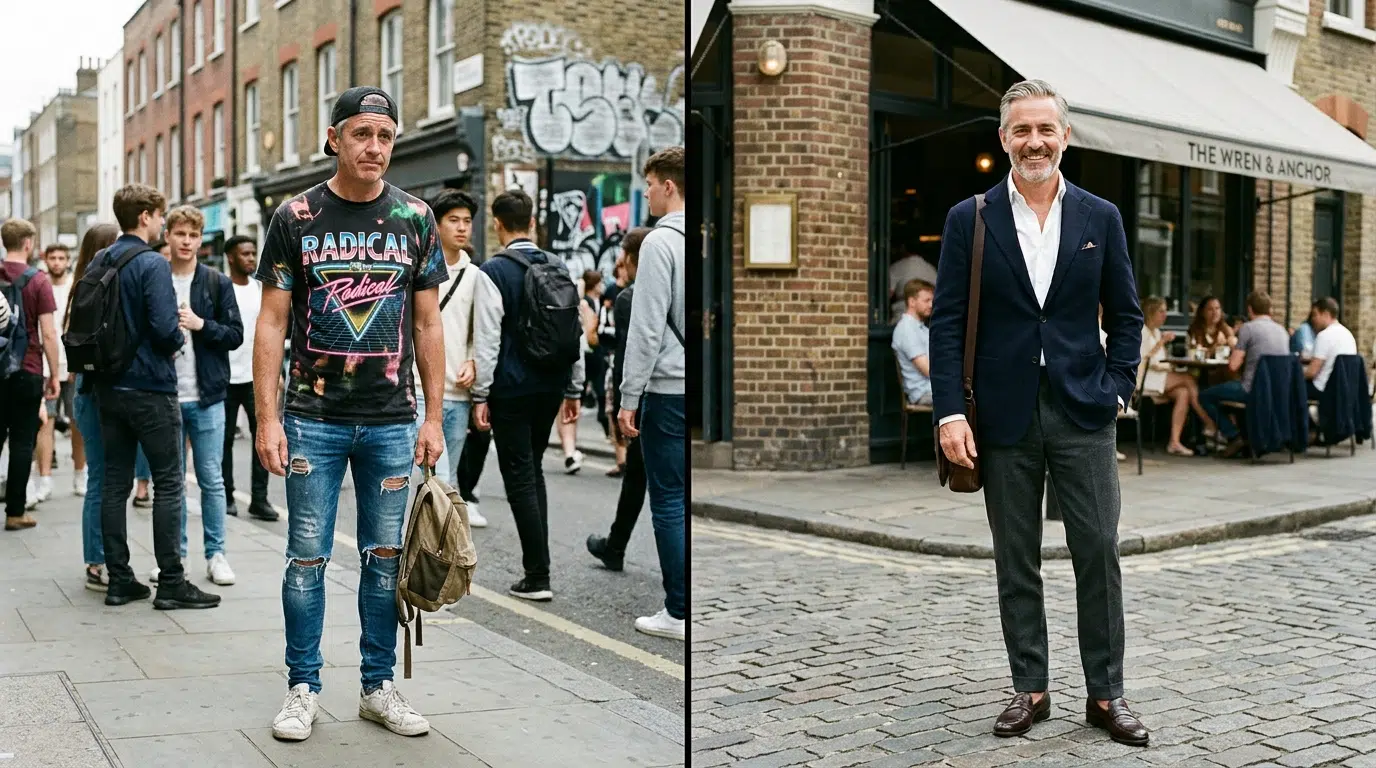 Split image contrasting a man dressed too youthfully with a well-groomed, age-appropriate one