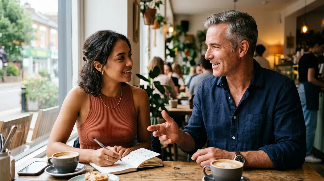 A relaxed, respectful conversation between a mentor and a younger woman over coffee