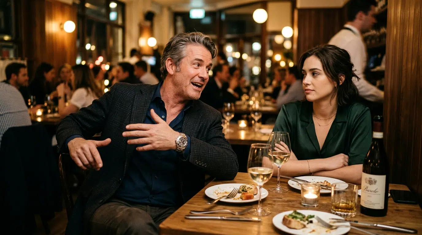 A man overacting and showing off on a date while his companion looks unimpressed
