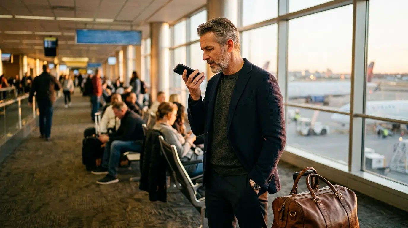 A man sending a quick voice note from an airport departure gate