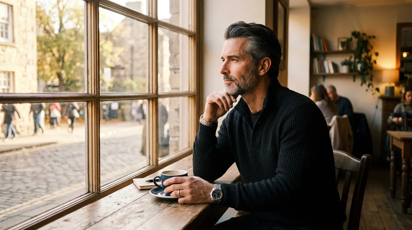 A man reflecting quietly by a window as he reaches a decision