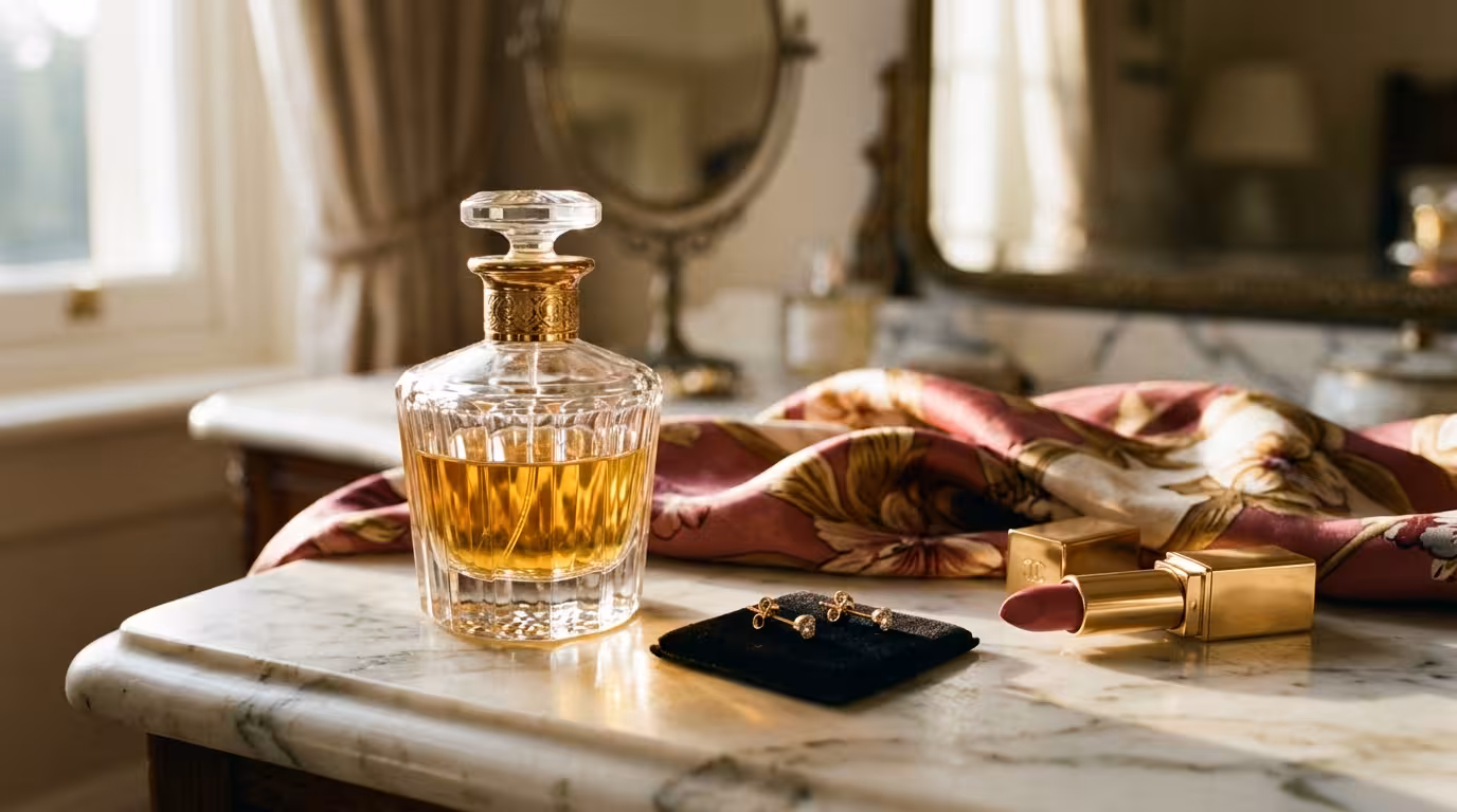 An elegant perfume bottle beside gold earrings on a marble surface