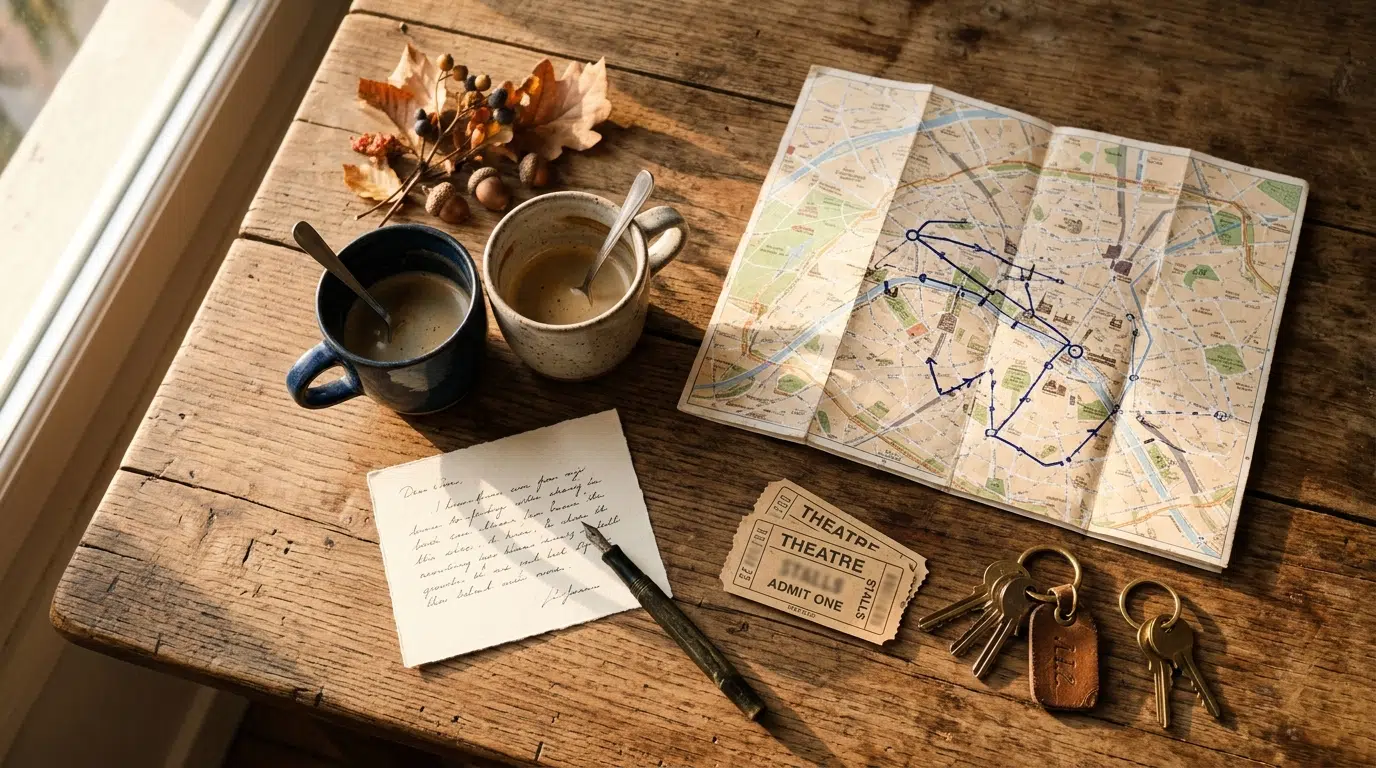 Two coffee cups, theatre tickets and keys on a table, two lives beginning to overlap