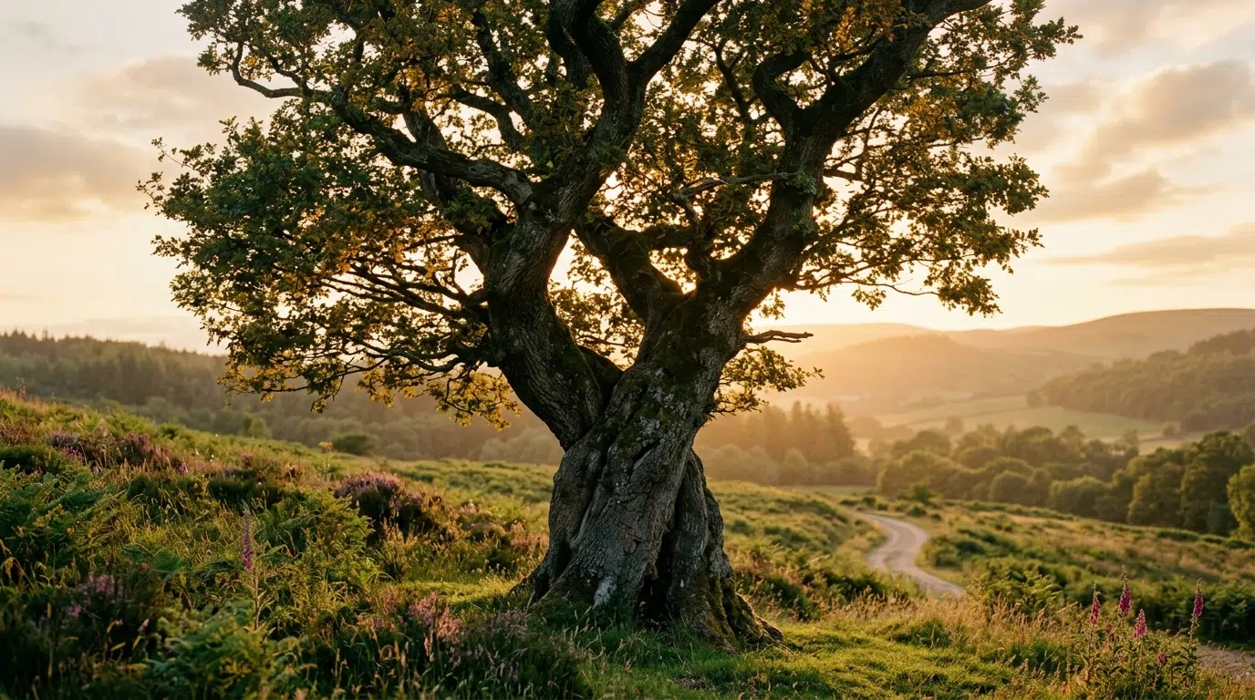 Two mature trees grown side by side with trunks and branches intertwined