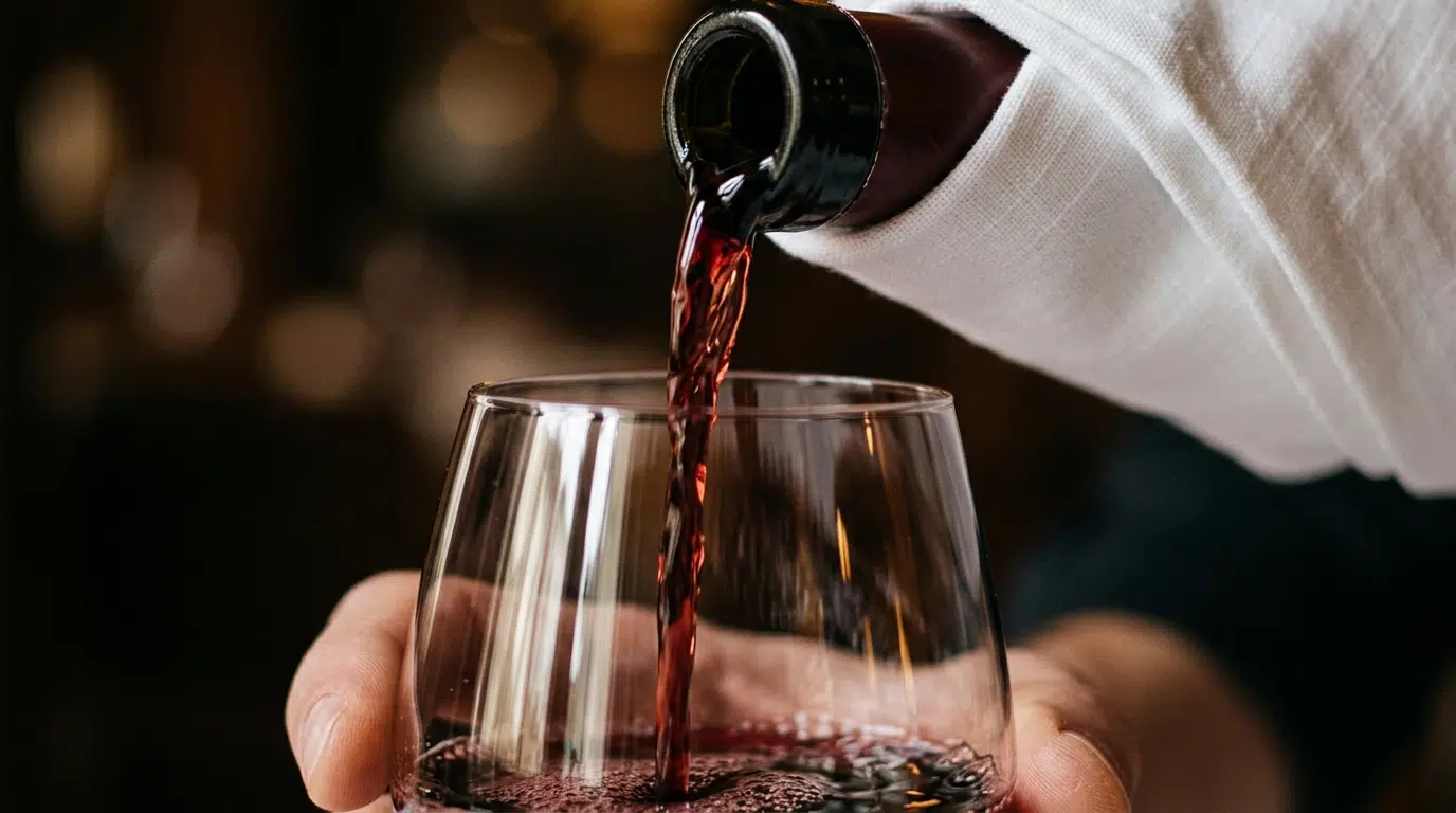 A sommelier pouring a tasting measure of red wine into a crystal glass