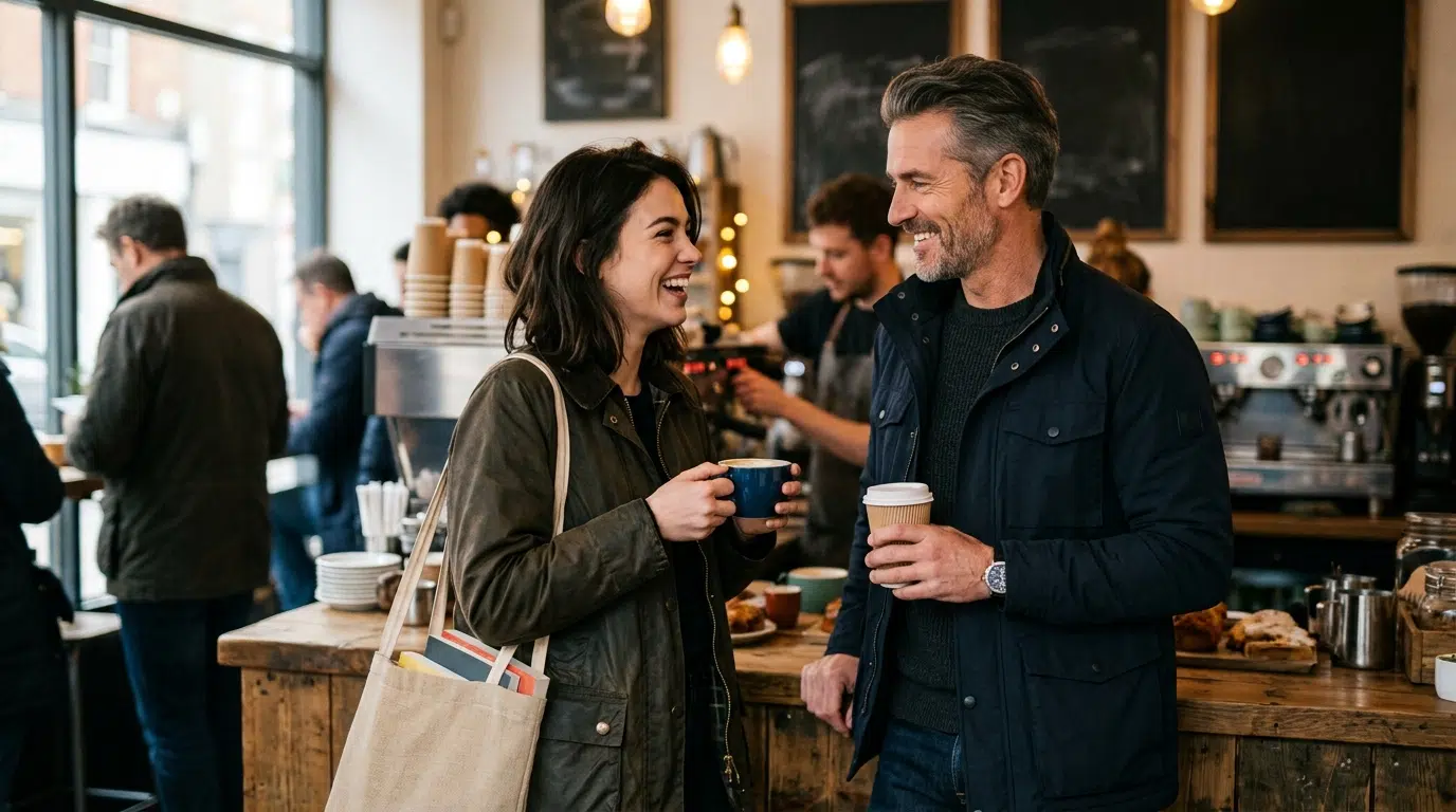 A couple snatching a short morning coffee together between commitments