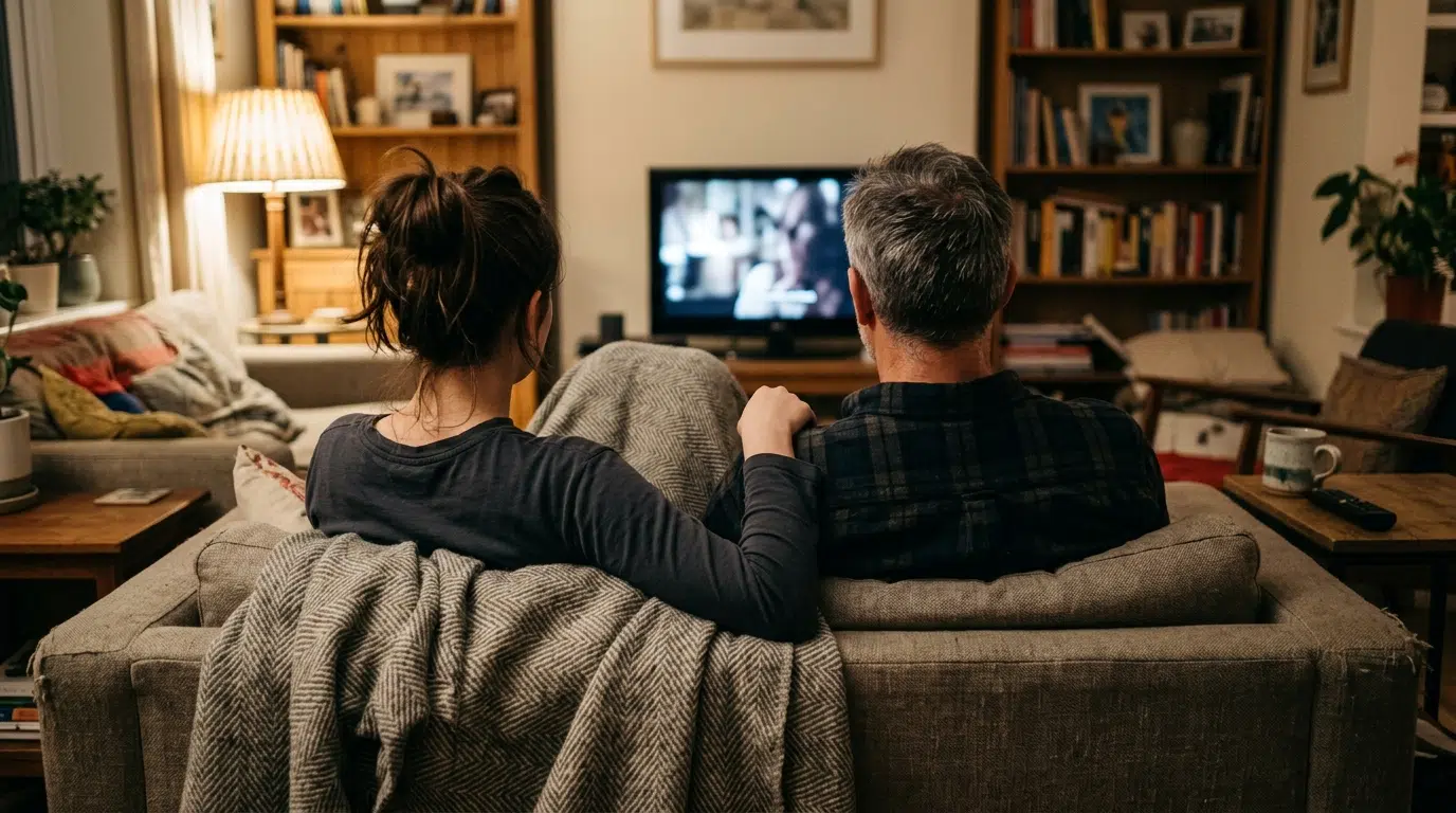 A couple relaxed together on a sofa at home, completely at ease