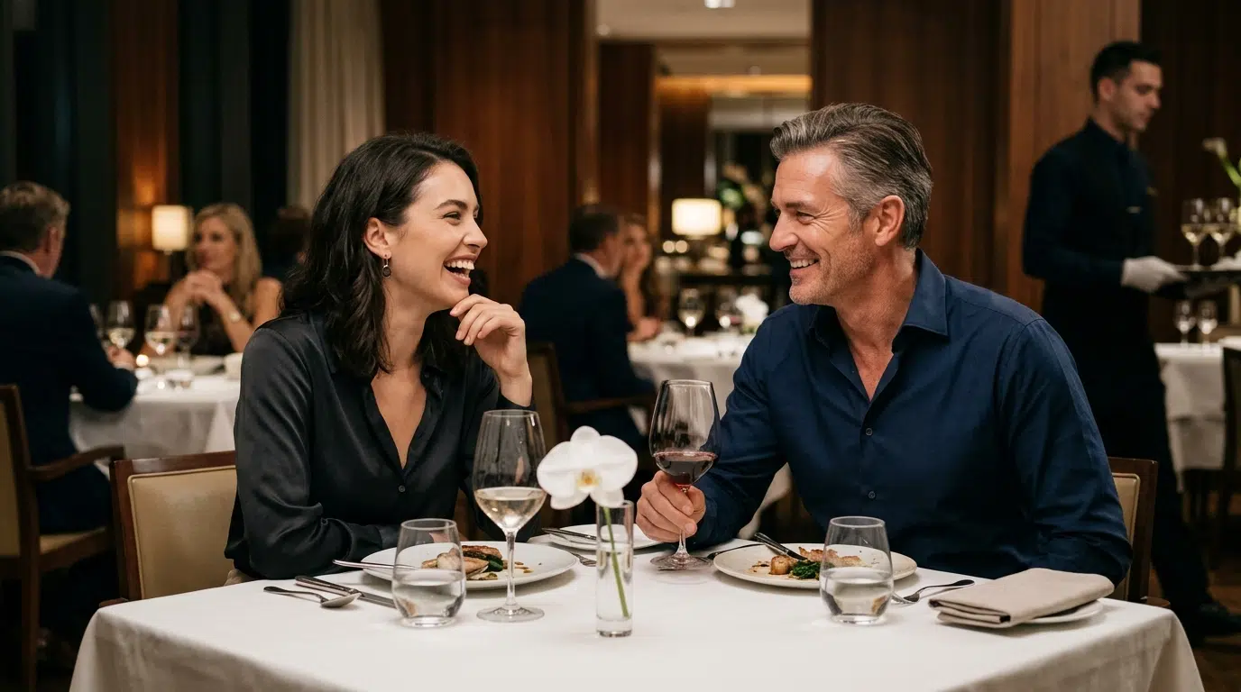 A couple laughing together over dinner, completely present with each other