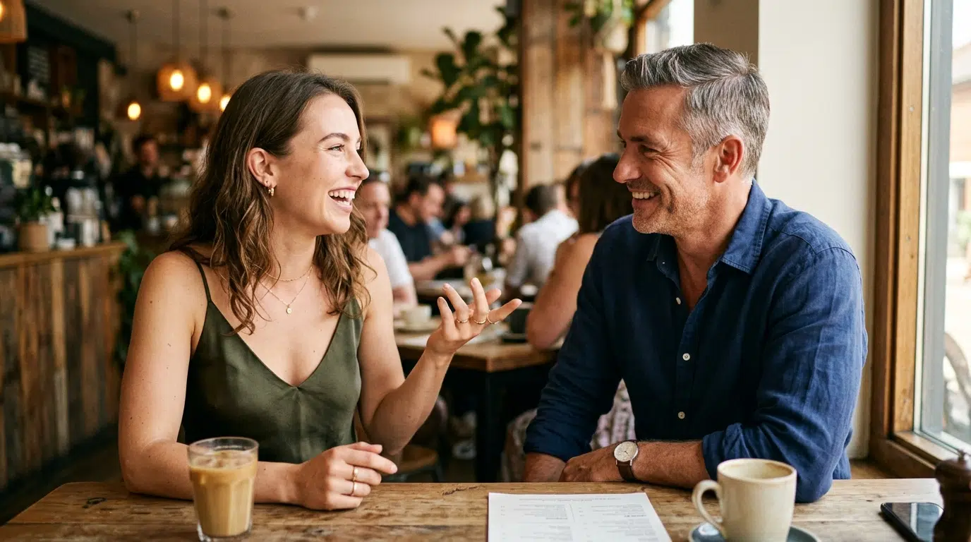 A woman making her point with confidence while a man listens with a delighted smile