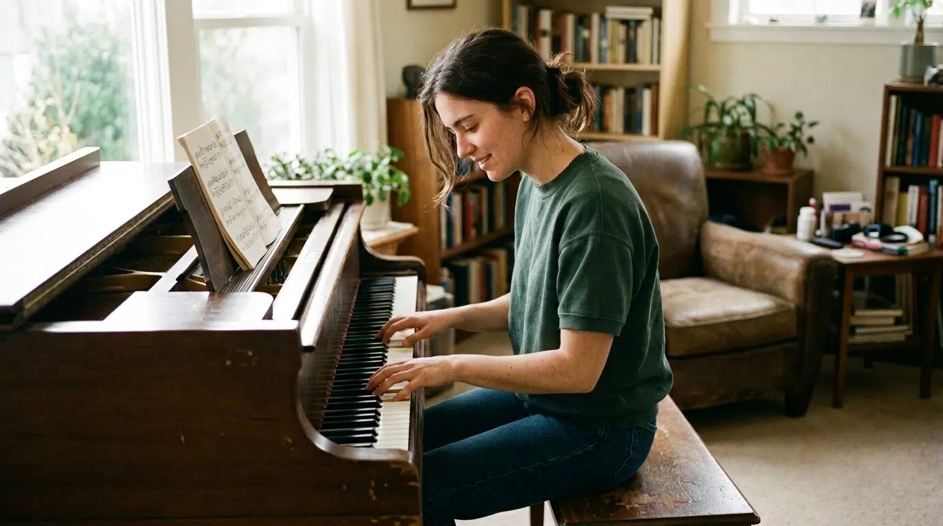 A young woman absorbed in playing a grand piano