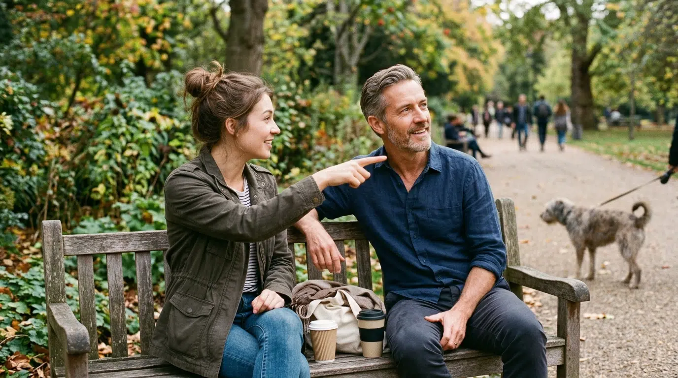 A woman pointing something out and a man looking up and engaging warmly