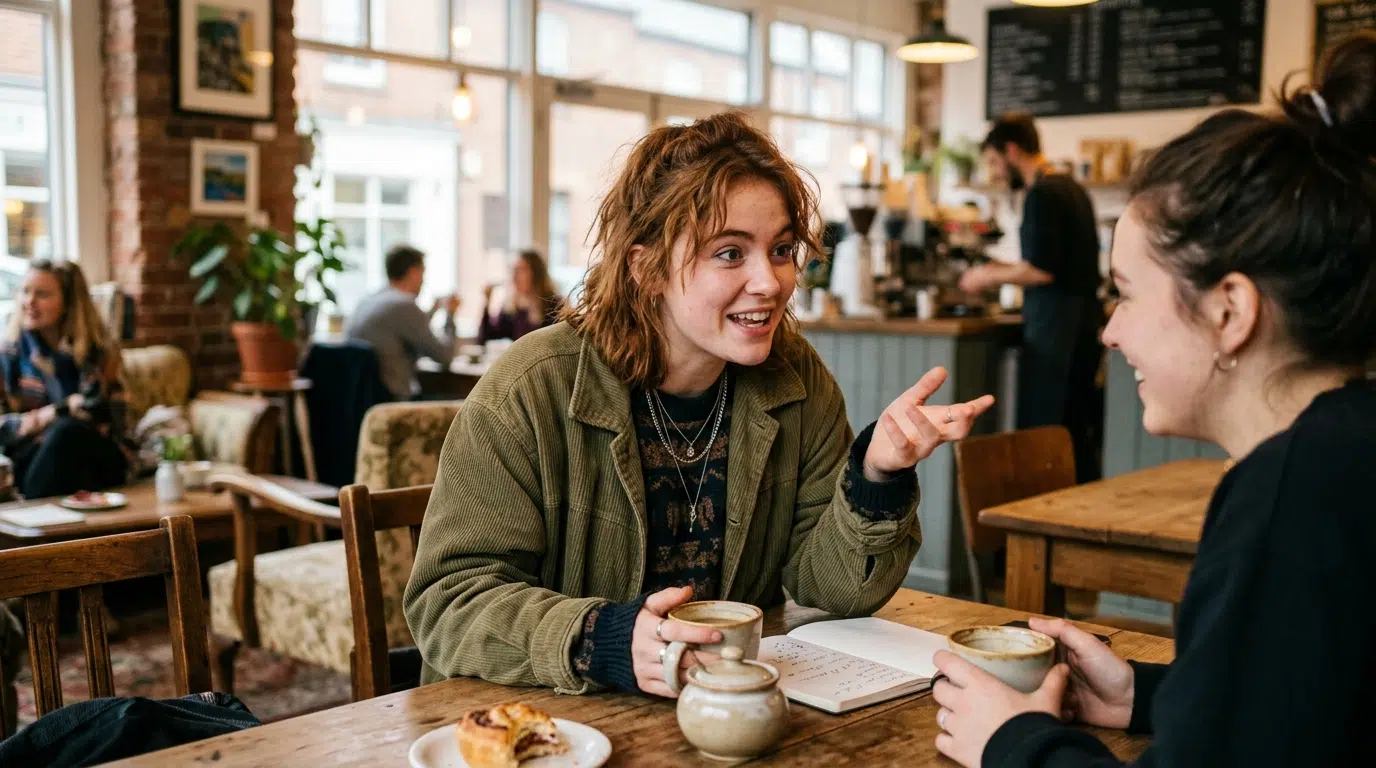 A woman animatedly sharing her point of view over coffee