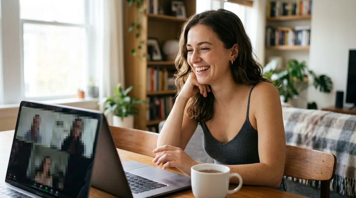 A young woman smiling during a warm video call, connecting at a distance