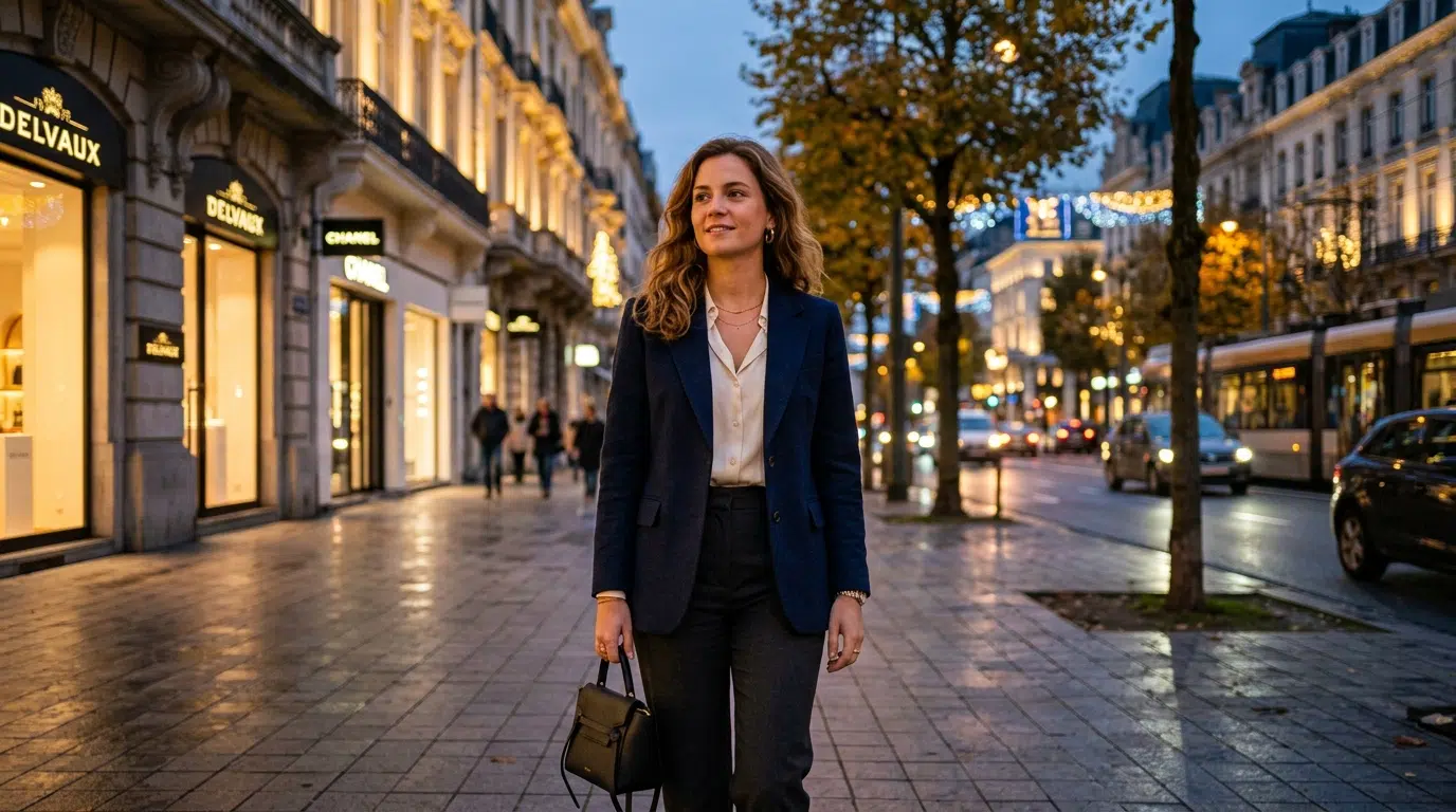 A confident young woman on Avenue Louise in Brussels at dusk with elegant façades behind her