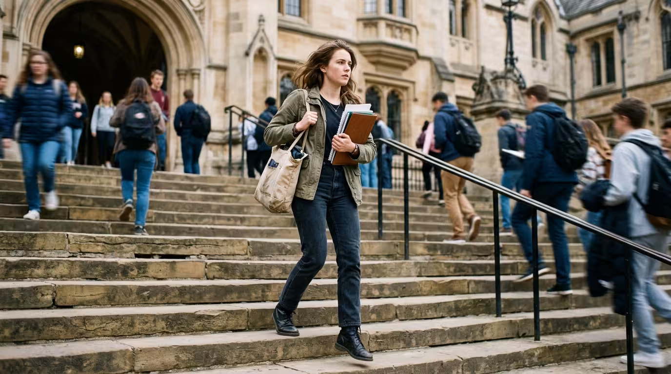 A purposeful young woman striding down university steps with somewhere to be
