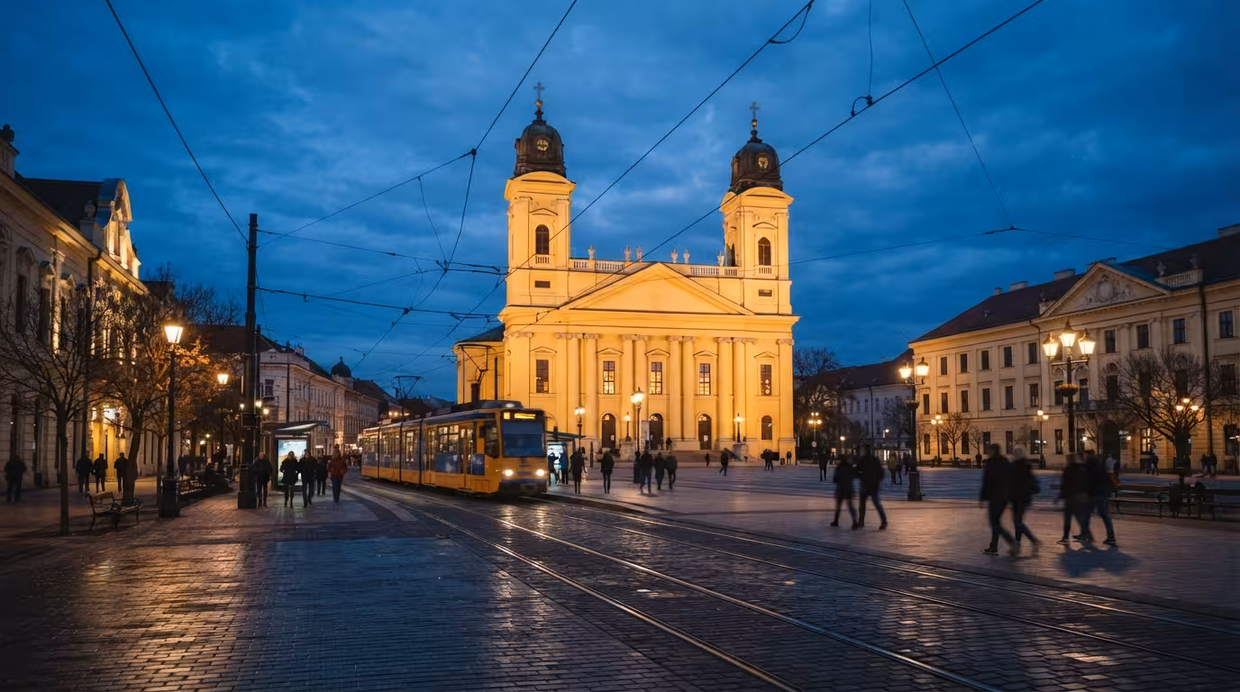 A Nagytemplom és a főtér az esti fényben