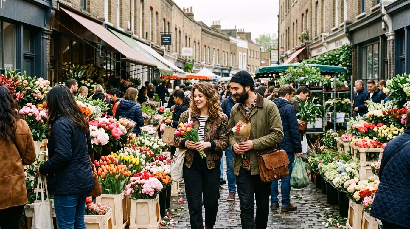 Flower stalls filling Columbia Road market on a Sunday morning in East London