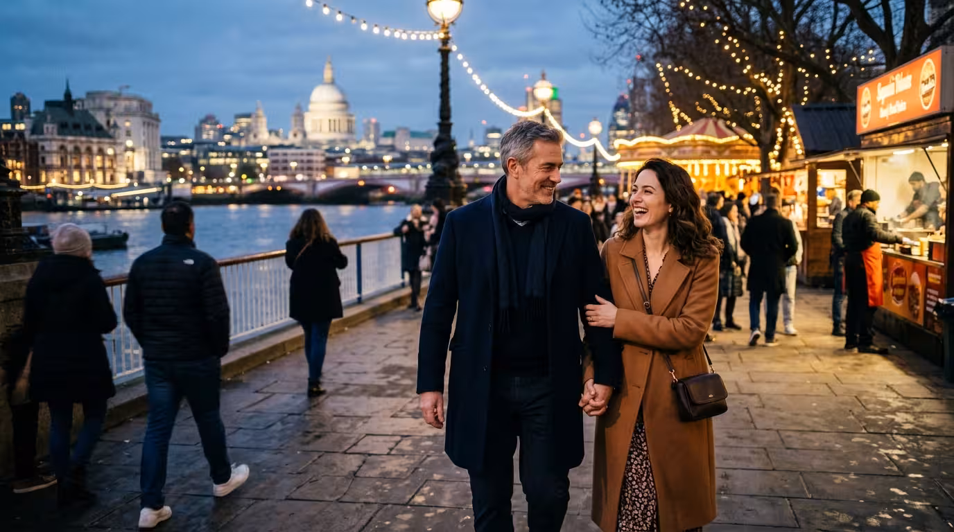 Couple walking along the South Bank in London at dusk with the river and skyline behind them