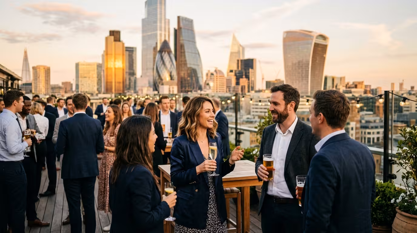 Evening crowd enjoying after-work drinks on a London rooftop overlooking the City