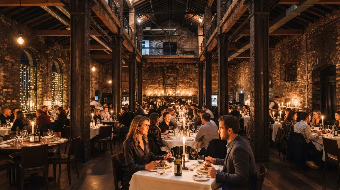 Candlelit dining tables under seven-metre ceilings inside a converted Victorian cotton mill in Manchester